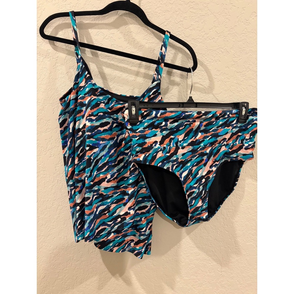 Leilani Womens Abstract Tiger Print Tankini Set Blue Orange Size 12 L720542